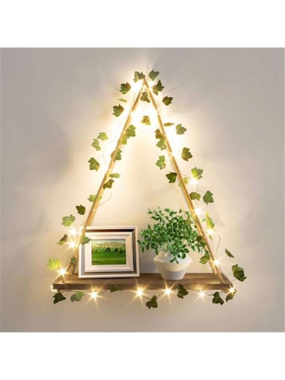 Boho Hanging Wall Shelf Rustic Floating Shelf With LED Lights Greenery Decor
